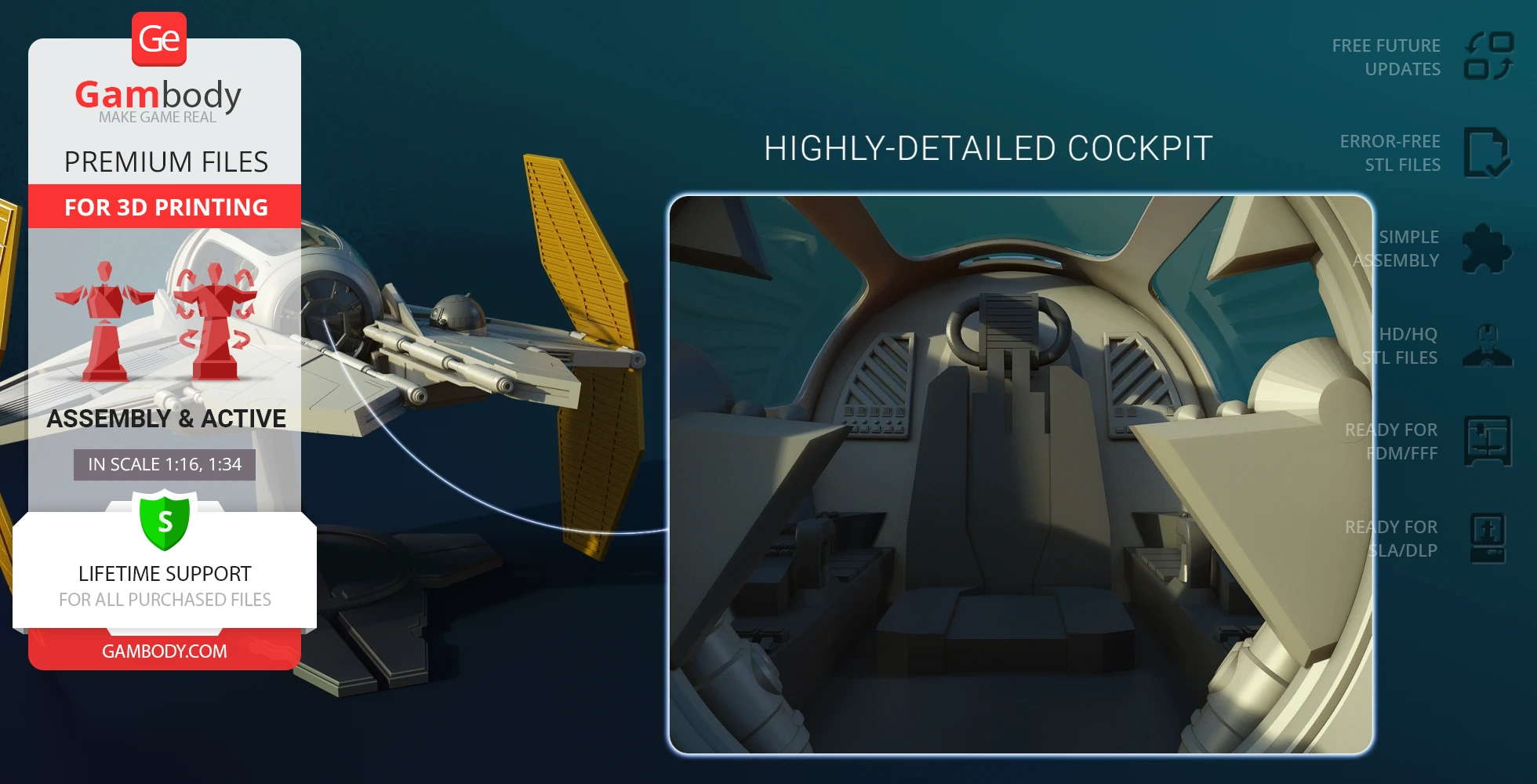 Detailed 3D model of a starfighter with highlighted cockpit, ready for 3D printing.