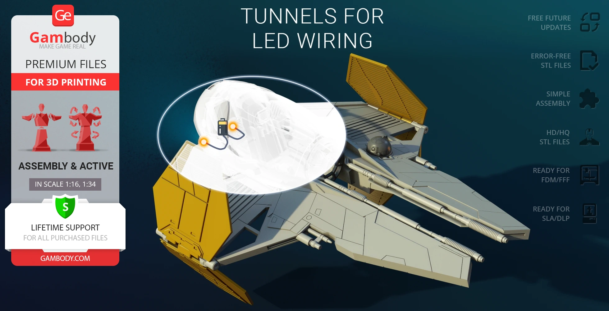3D model of Eta-2 Actis Interceptor with LED wiring tunnels, designed for 3D printing by Gambody.