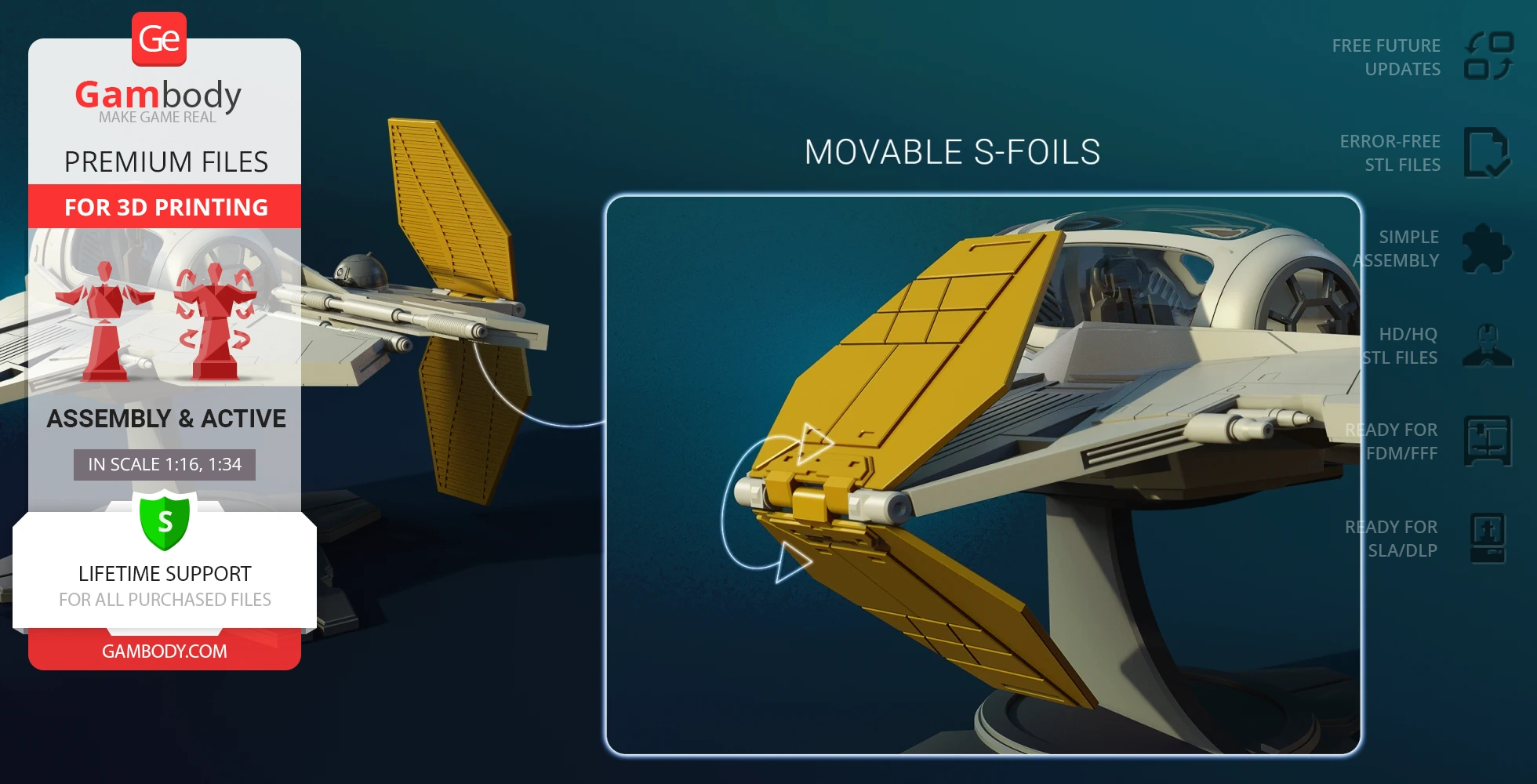 3D model of Eta-2 Actis Interceptor with movable S-foils, for 3D printing, shown on a display stand.