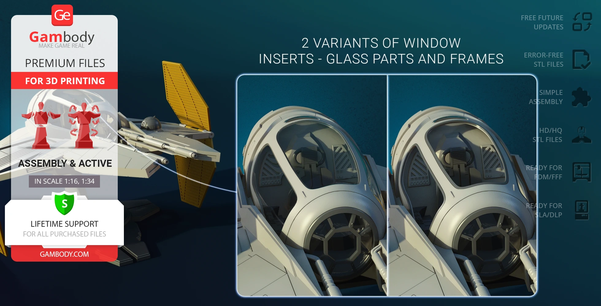 3D model of Eta-2 Actis Interceptor for printing, showcasing two window variants, cockpit detail.