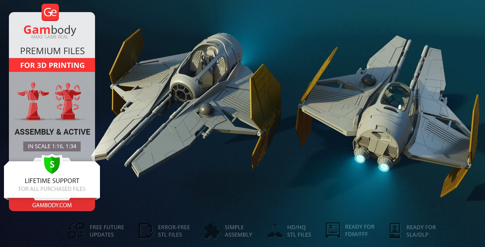 Two detailed Eta-2 Actis Interceptor models with yellow wing panels, designed for 3D printing.