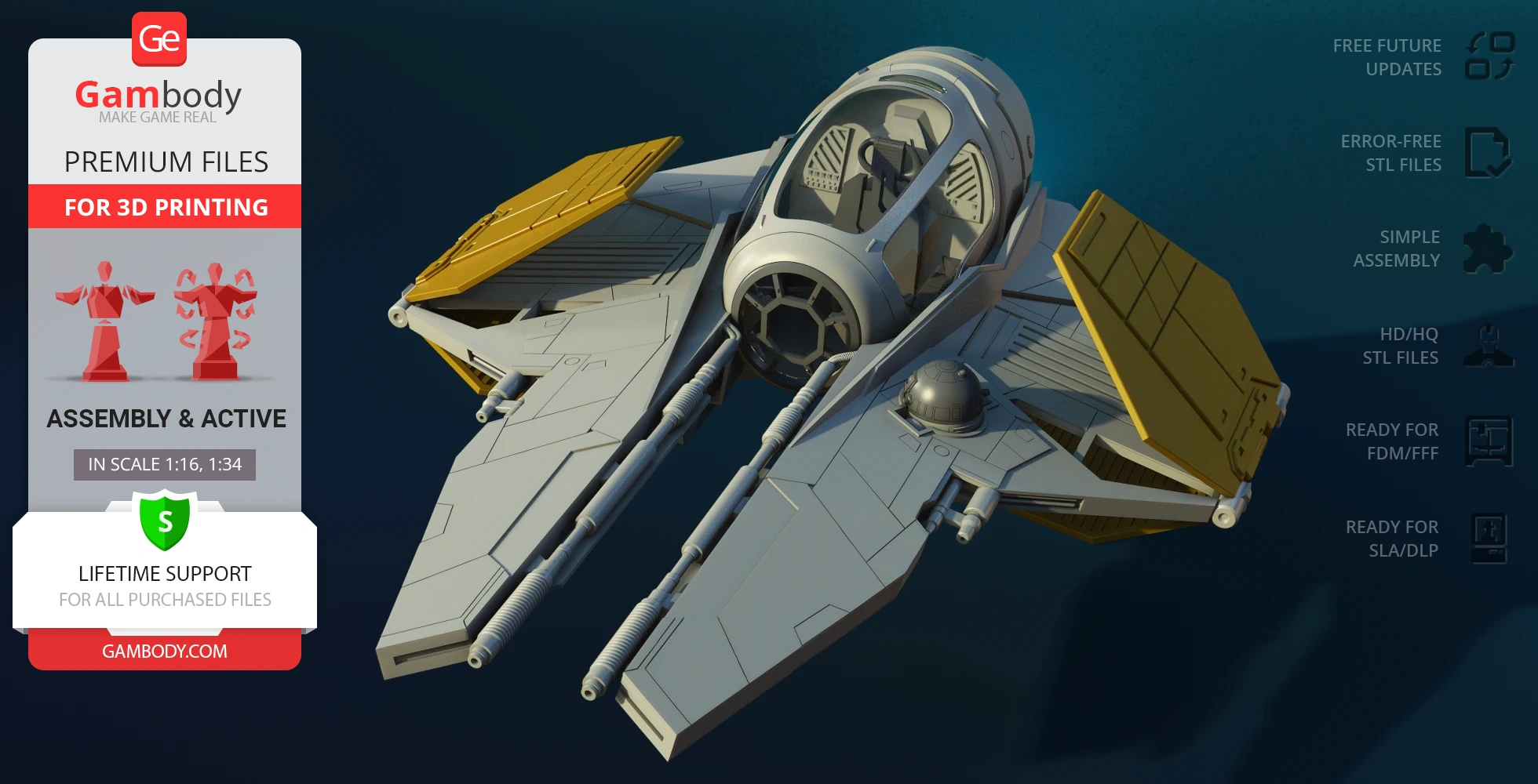 3D model of a futuristic spacecraft with dual cannons and yellow fins, designed for 3D printing.