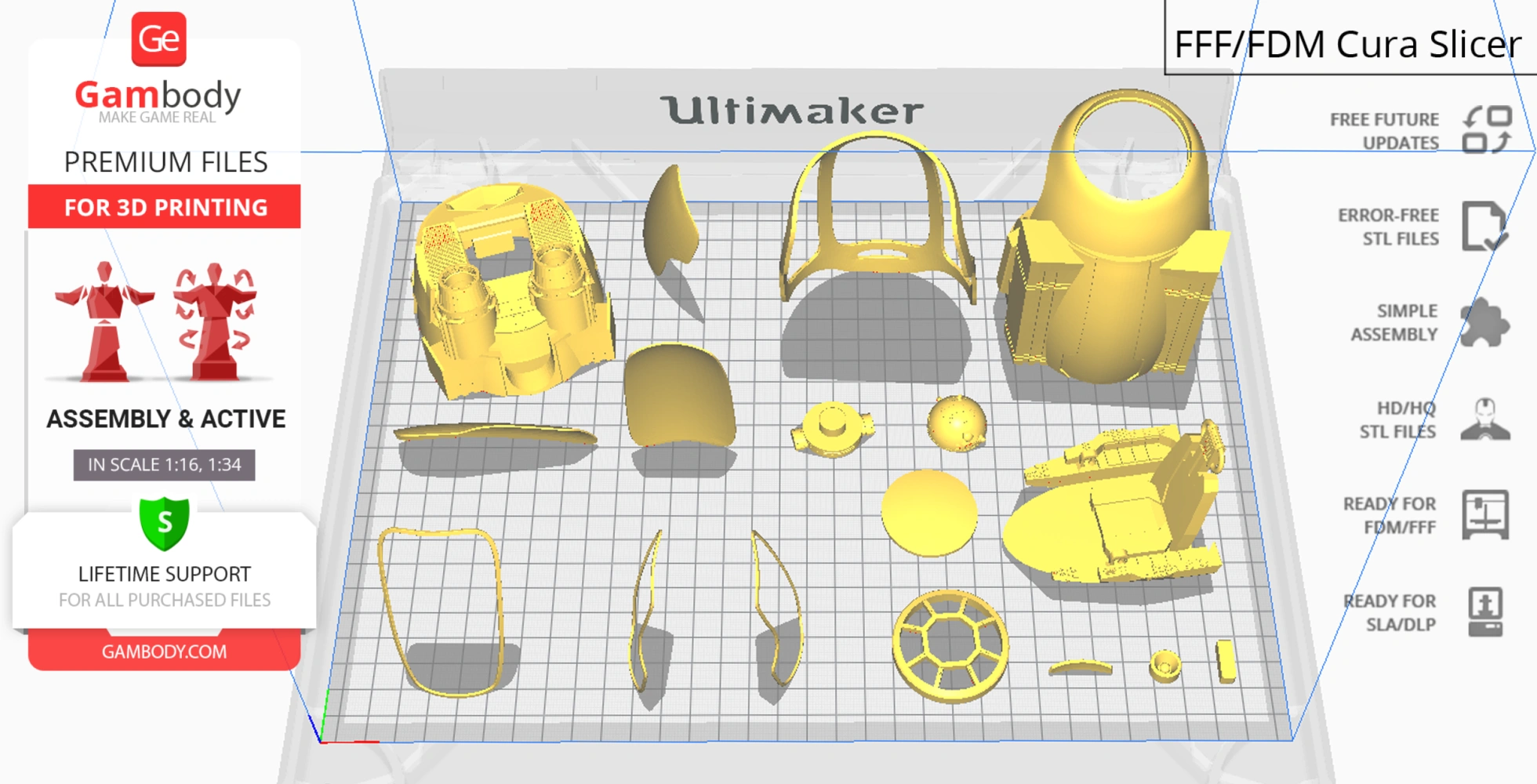 STL model parts of the Eta-2 Actis Interceptor arranged on a 3D printer bed grid.