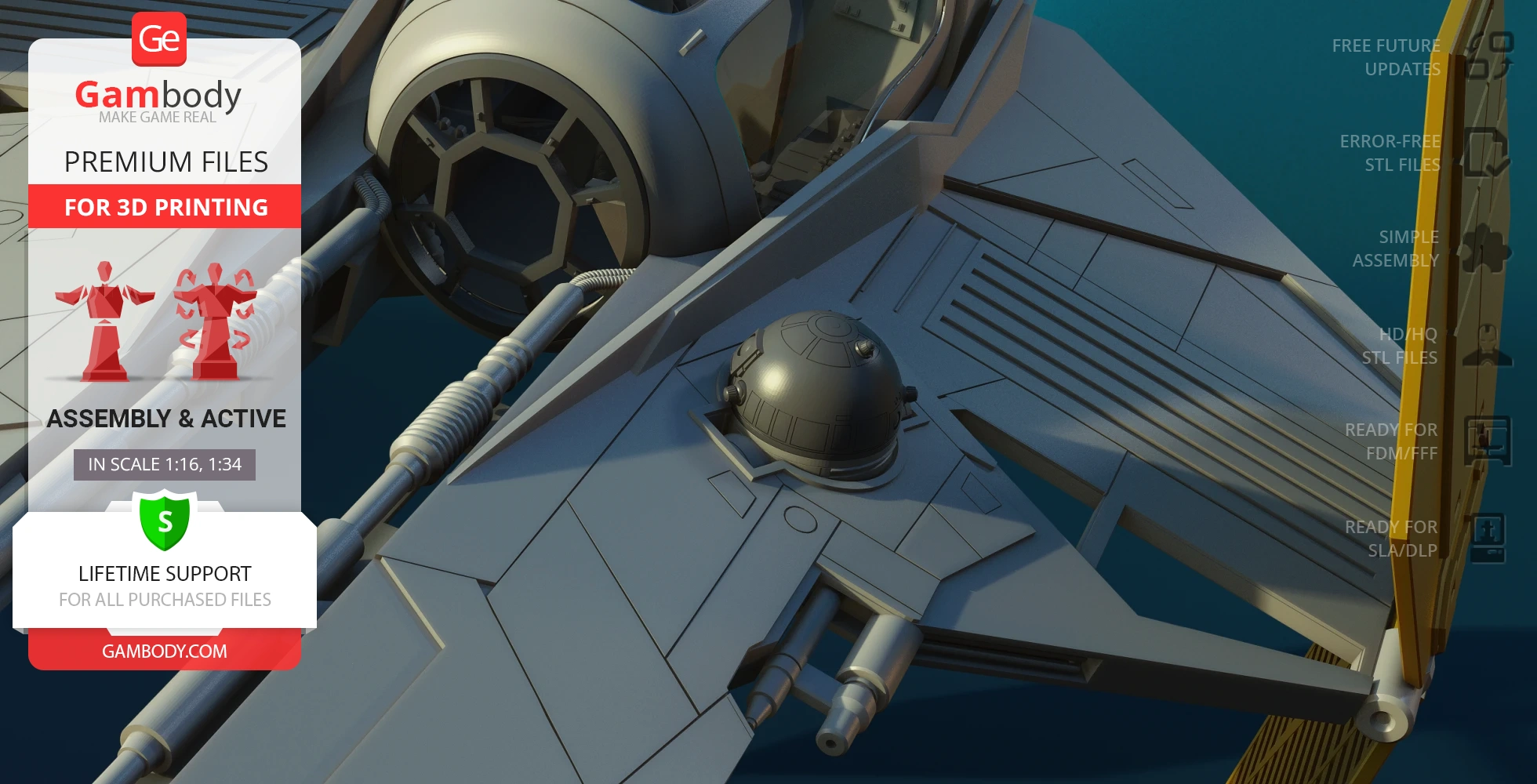 Detailed 3D model of a starfighter cockpit and wing, designed for 3D printing.