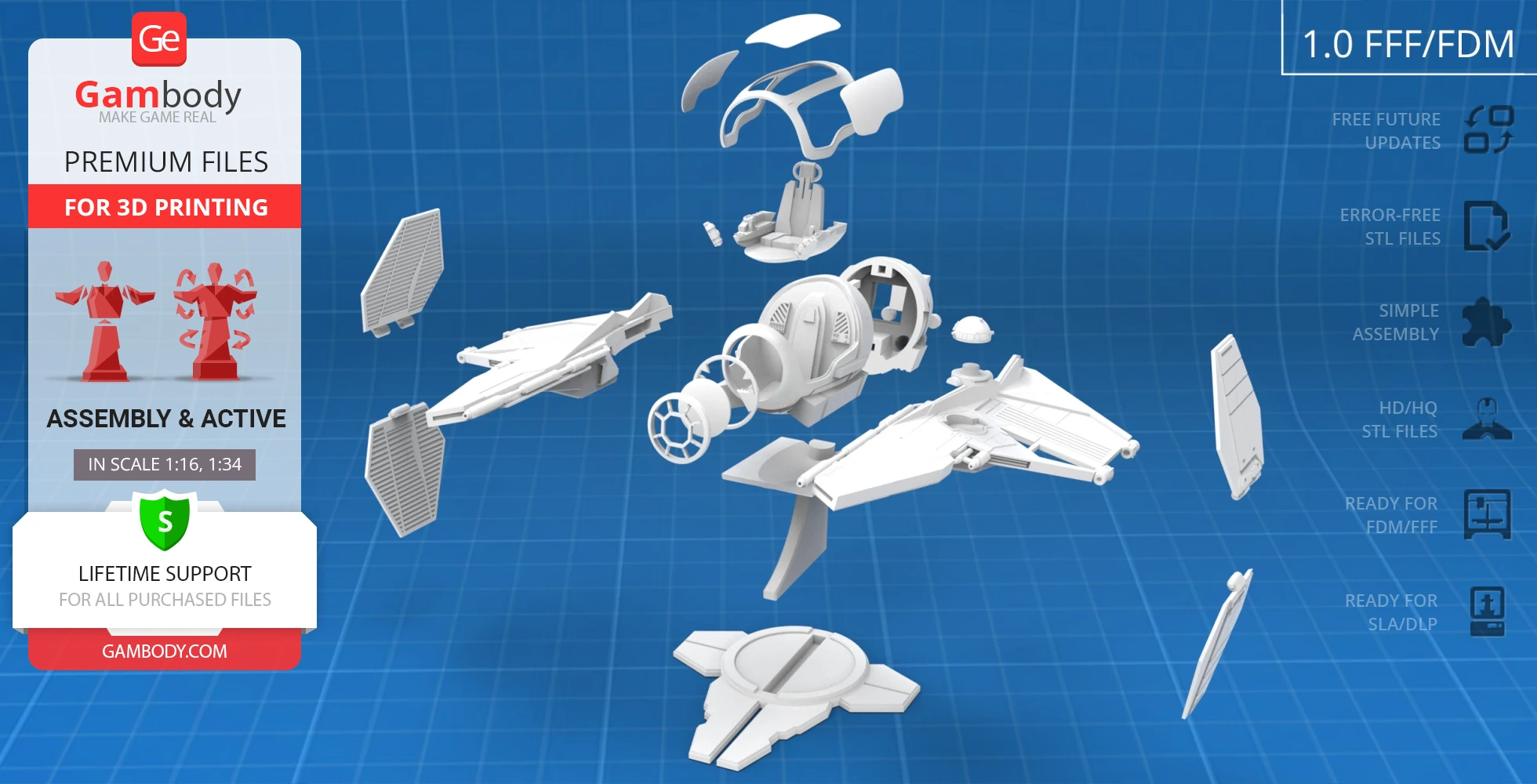 Exploded view of a 3D printable Eta-2 Actis Interceptor model with assembly guide.