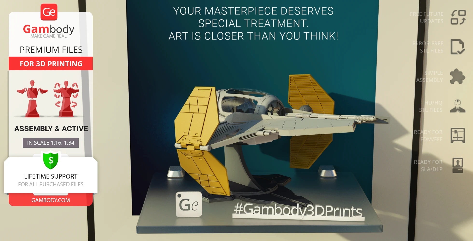 3D model of the Eta-2 Actis Interceptor displayed on a stand with yellow wings.