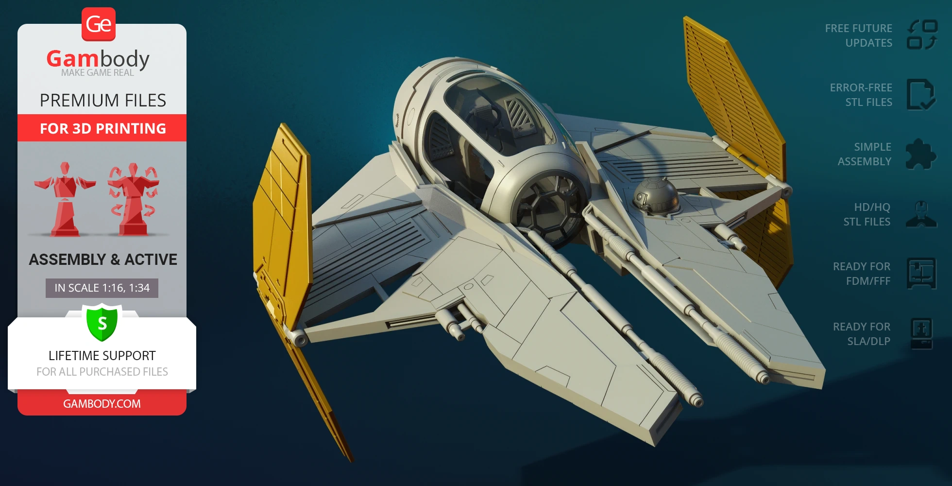 3D model of the Eta-2 Actis Interceptor spacecraft with yellow wing panels for printing.