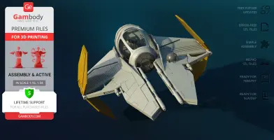 A sleek starfighter model with angular wings and a transparent cockpit, displayed for 3D printing.