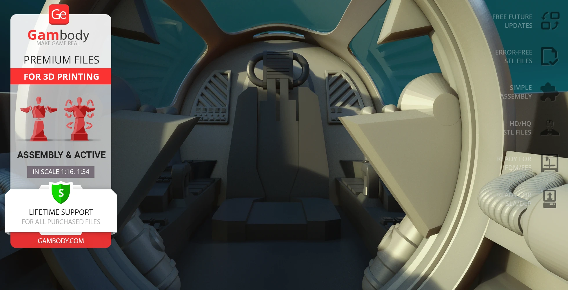 3D model of a spaceship cockpit with detailed interior for 3D printing, offered by Gambody.