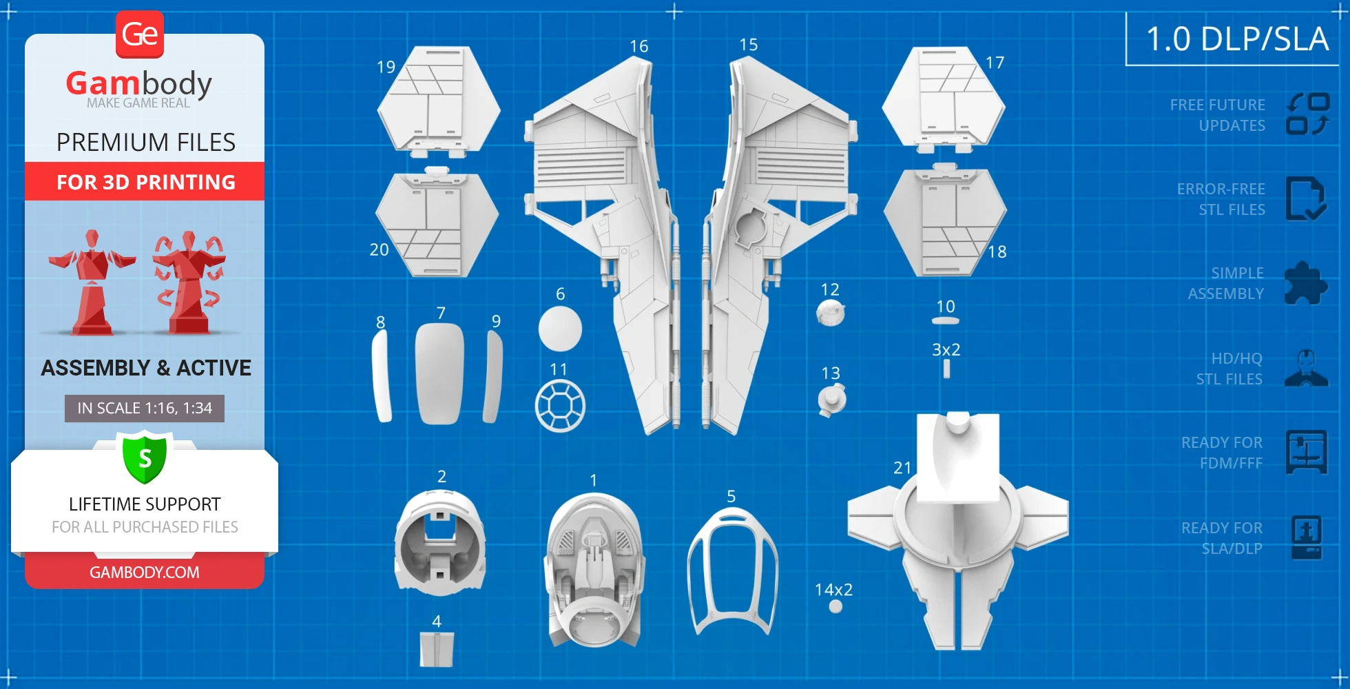 Blueprint of a 3D printable Eta-2 Actis Interceptor showing various parts for assembly.