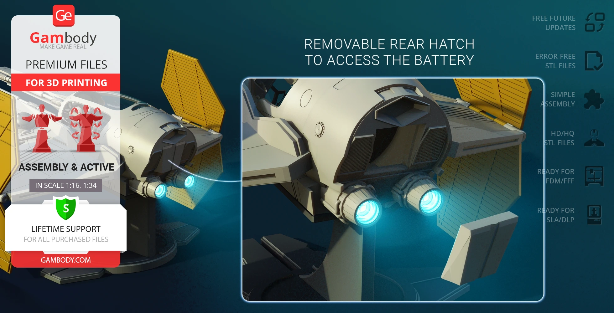 3D model of a spacecraft with yellow wings and glowing engines, featuring a removable rear hatch.