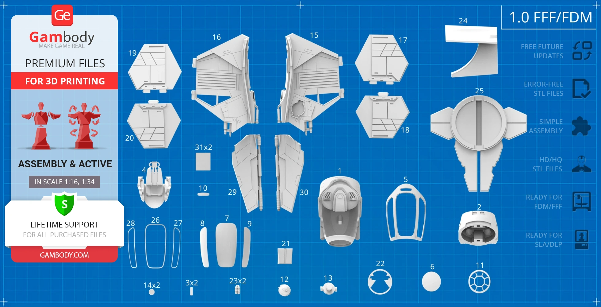 Blueprint with numbered parts for 3D printing the Eta-2 Actis Interceptor.
