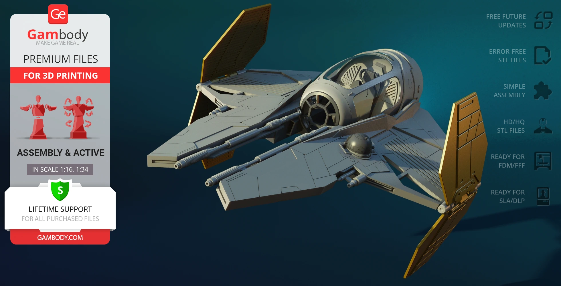 3D model of the Eta-2 Actis Interceptor starfighter, detailed for 3D printing.
