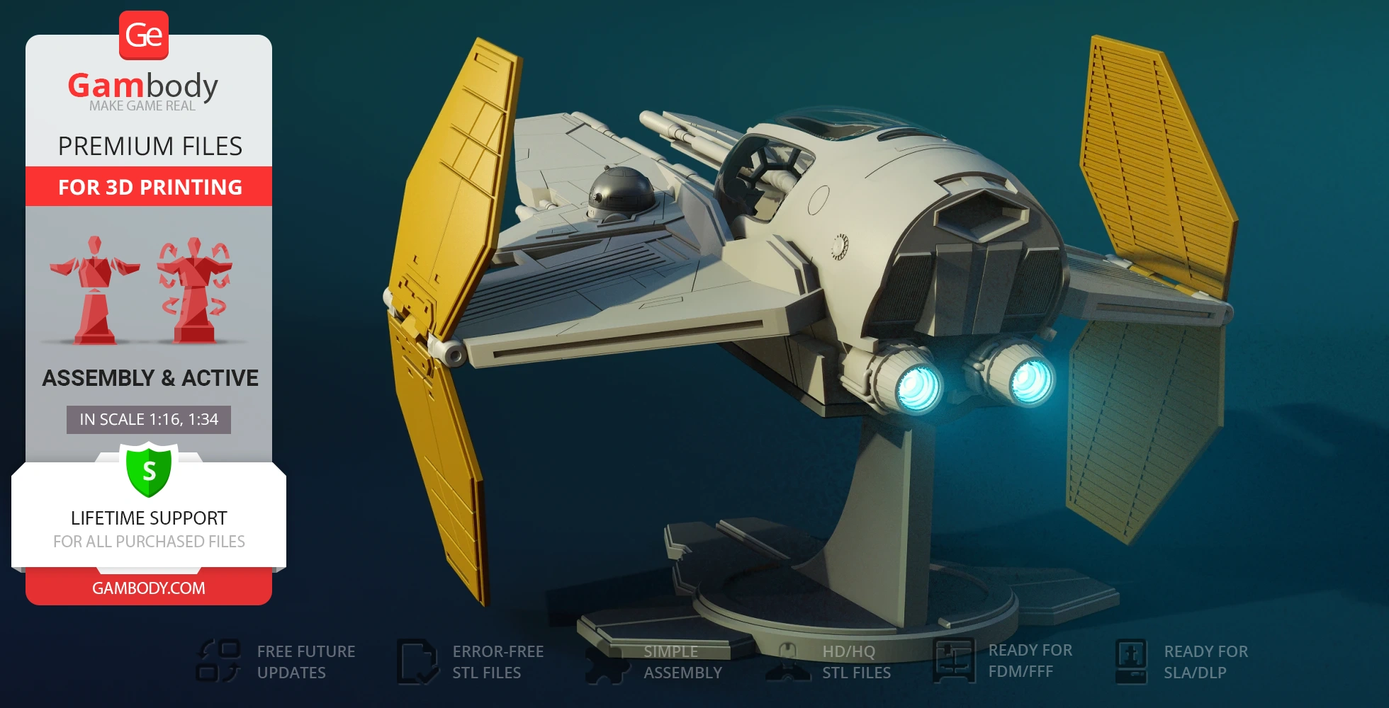 A 3D model of a spaceship with yellow wings, designed for 3D printing by Gambody.