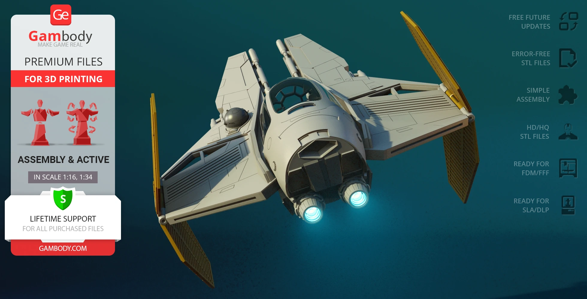 A 3D model of a spaceship with glowing engines, featuring angular wings and a central cockpit.