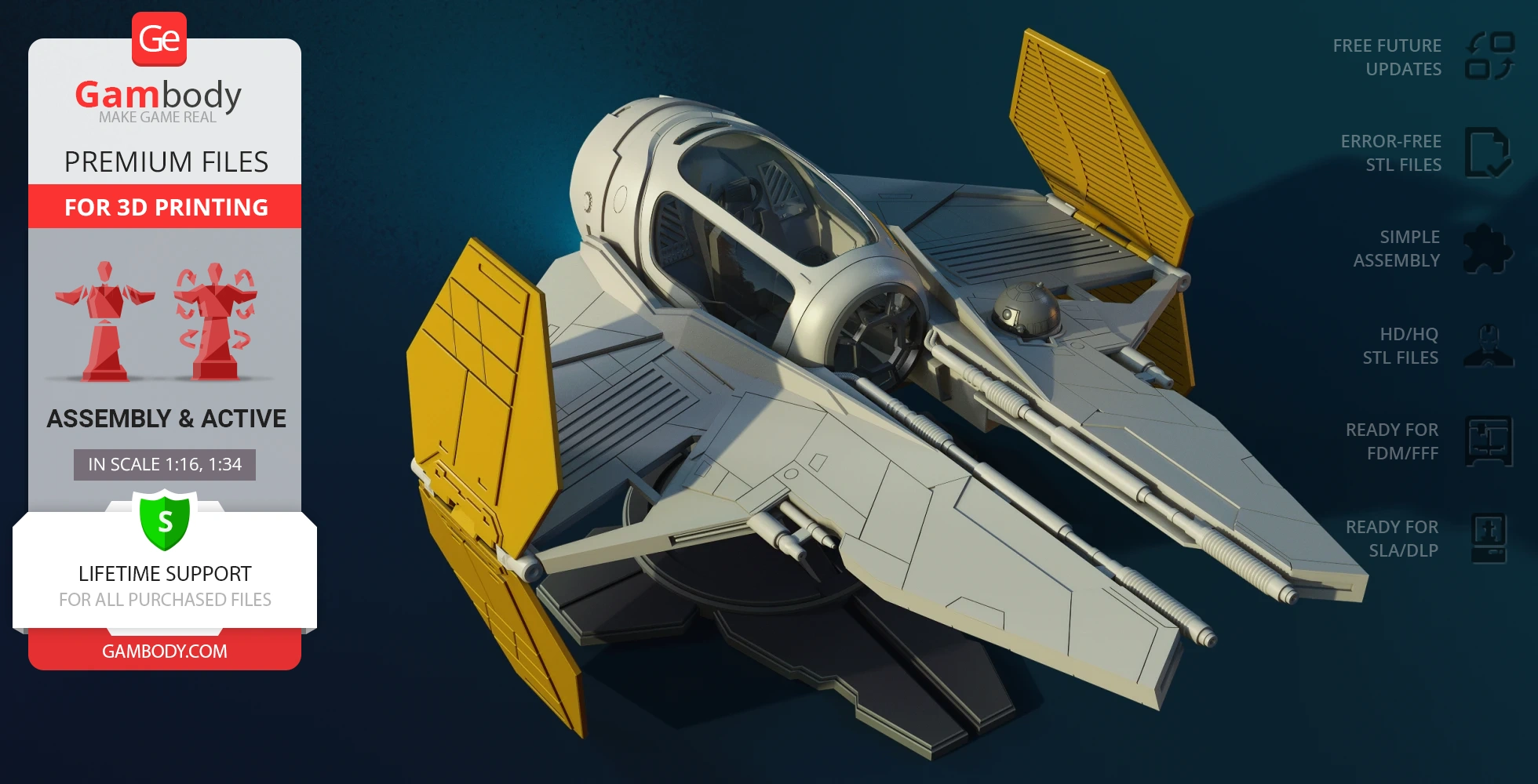 3D model of the Eta-2 Actis Interceptor, featuring sleek design and yellow accents for 3D printing.
