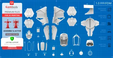 Blueprint with numbered parts for 3D printing the Eta-2 Actis Interceptor.