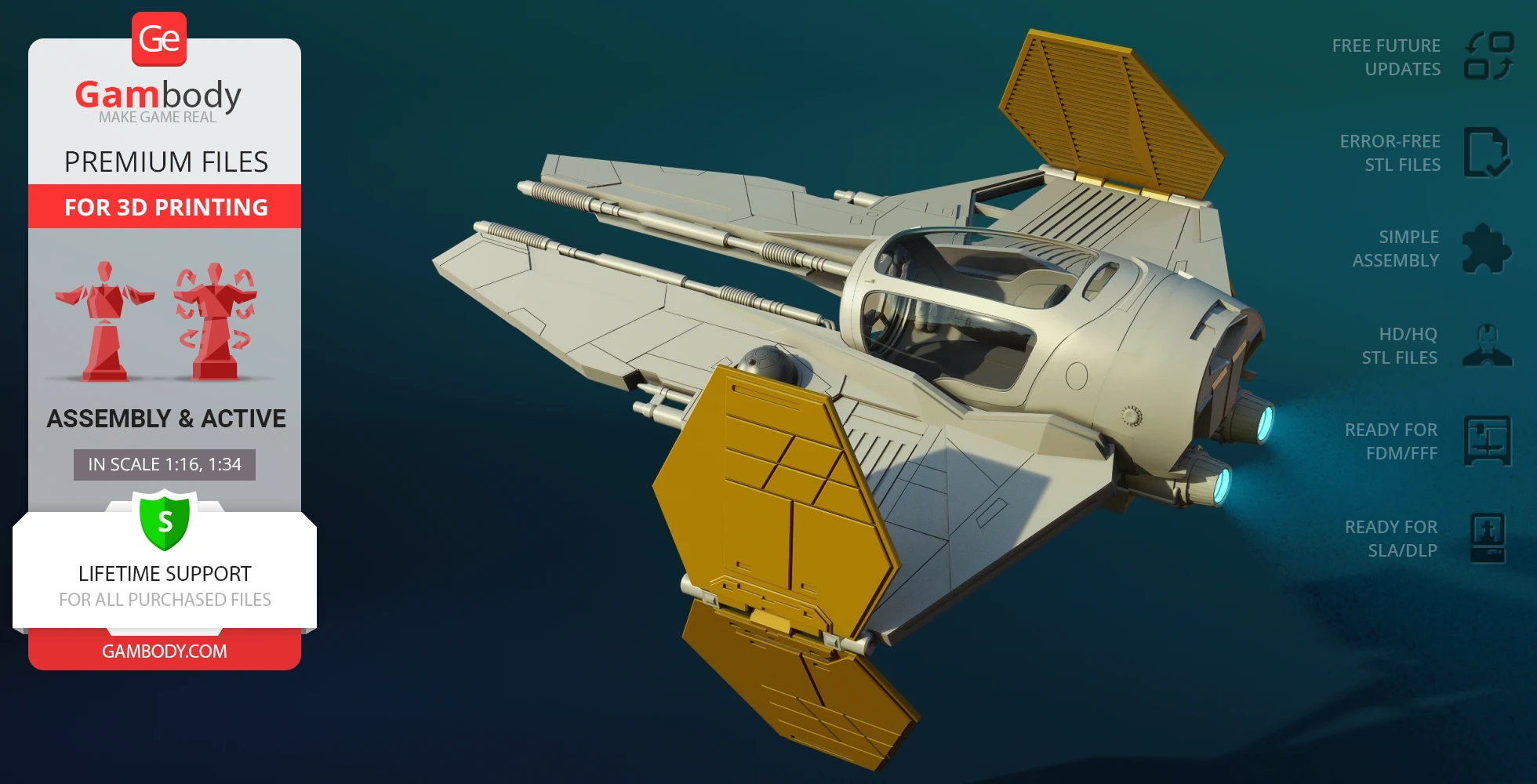 3D model of a starfighter with angular design and yellow wings, displayed on a Gambody 3D printing promo.
