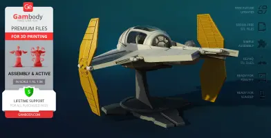 A detailed 3D model of the Eta-2 Actis Interceptor with yellow wings on a display stand.