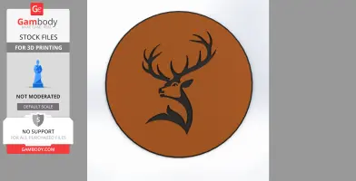 A round, orange mug rug with a black silhouette of a stag's head and antlers.