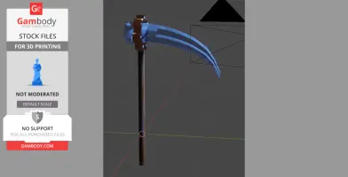 A 3D model of a futuristic scythe with a sleek, angular blade and a long handle, designed for 3D printing.