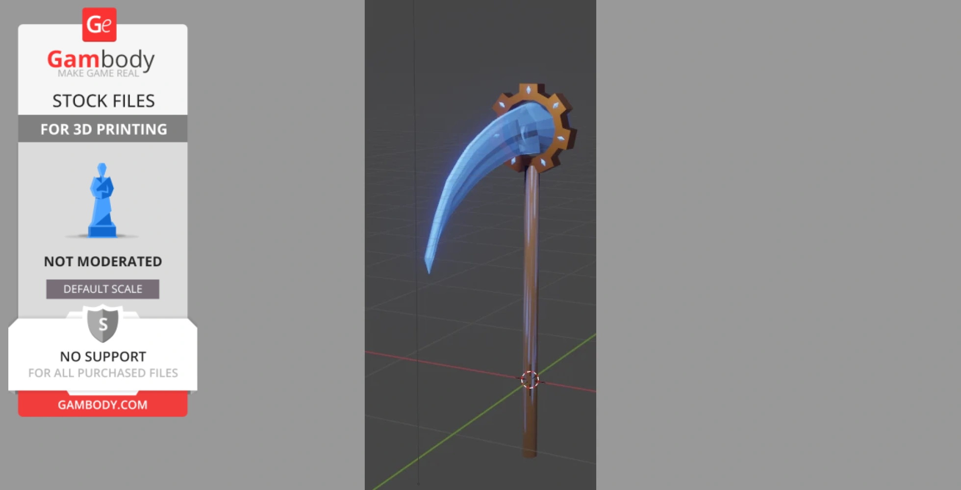 A 3D model of a Magepunk scythe with a blue curved blade and brown handle, designed for 3D printing.