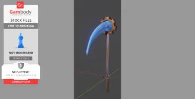 A 3D model of a Magepunk scythe with a blue curved blade and brown handle, designed for 3D printing.