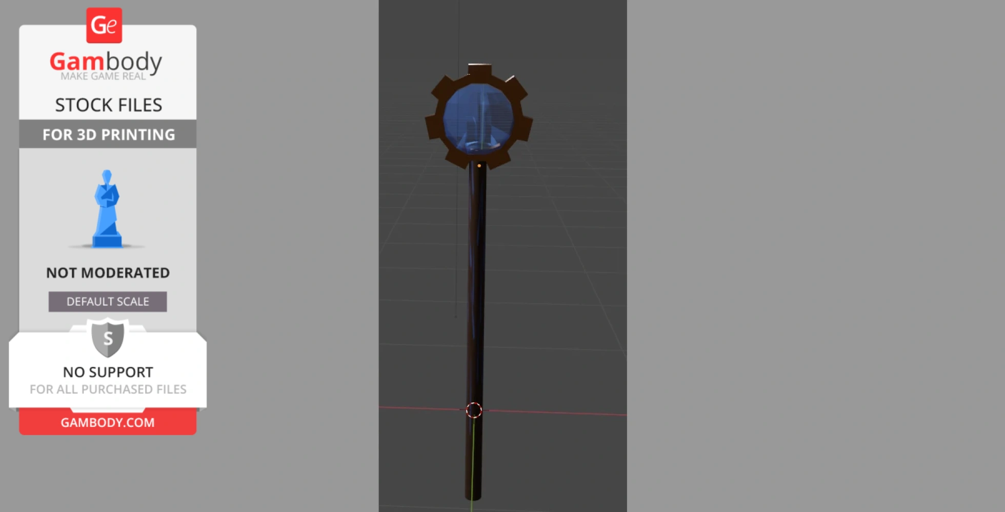A long staff with a blue, gear-like ornament at the top, designed for 3D printing.