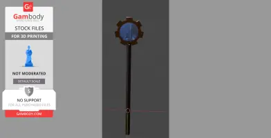 A long staff with a blue, gear-like ornament at the top, designed for 3D printing.