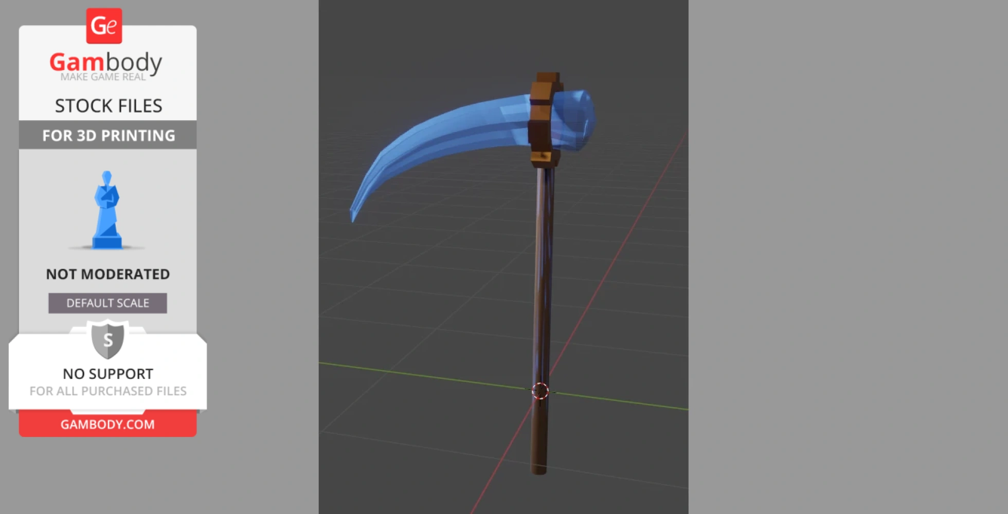 A detailed 3D model of a scythe with a futuristic design, featuring a blue blade and brown handle.