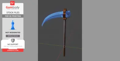 A detailed 3D model of a scythe with a futuristic design, featuring a blue blade and brown handle.