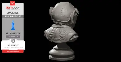 A textured bust of a character with a patched cap and intricate clothing design on a pedestal.