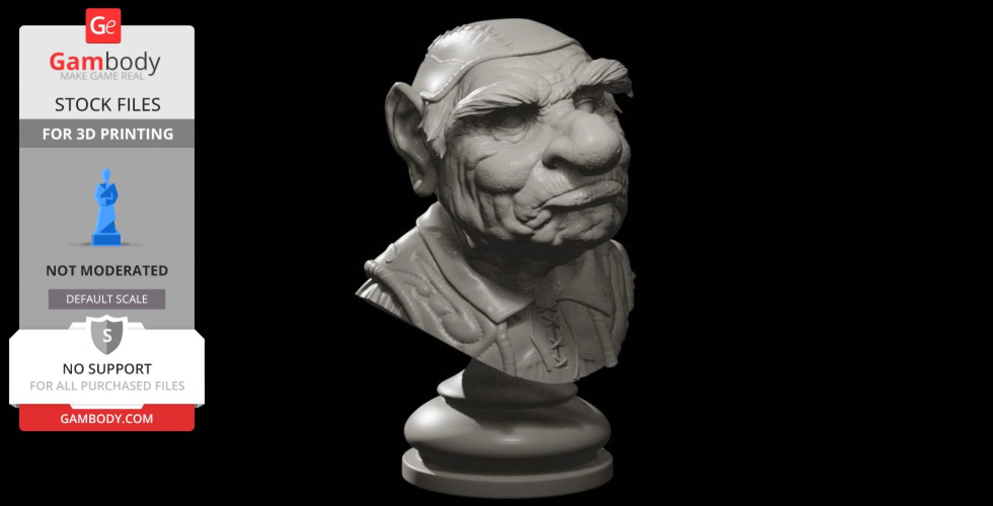 3D printed bust of a character with a large nose, prominent eyebrows, and detailed clothing on a pedestal.