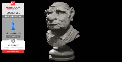 3D printed bust of an elderly character with exaggerated facial features on a pedestal.