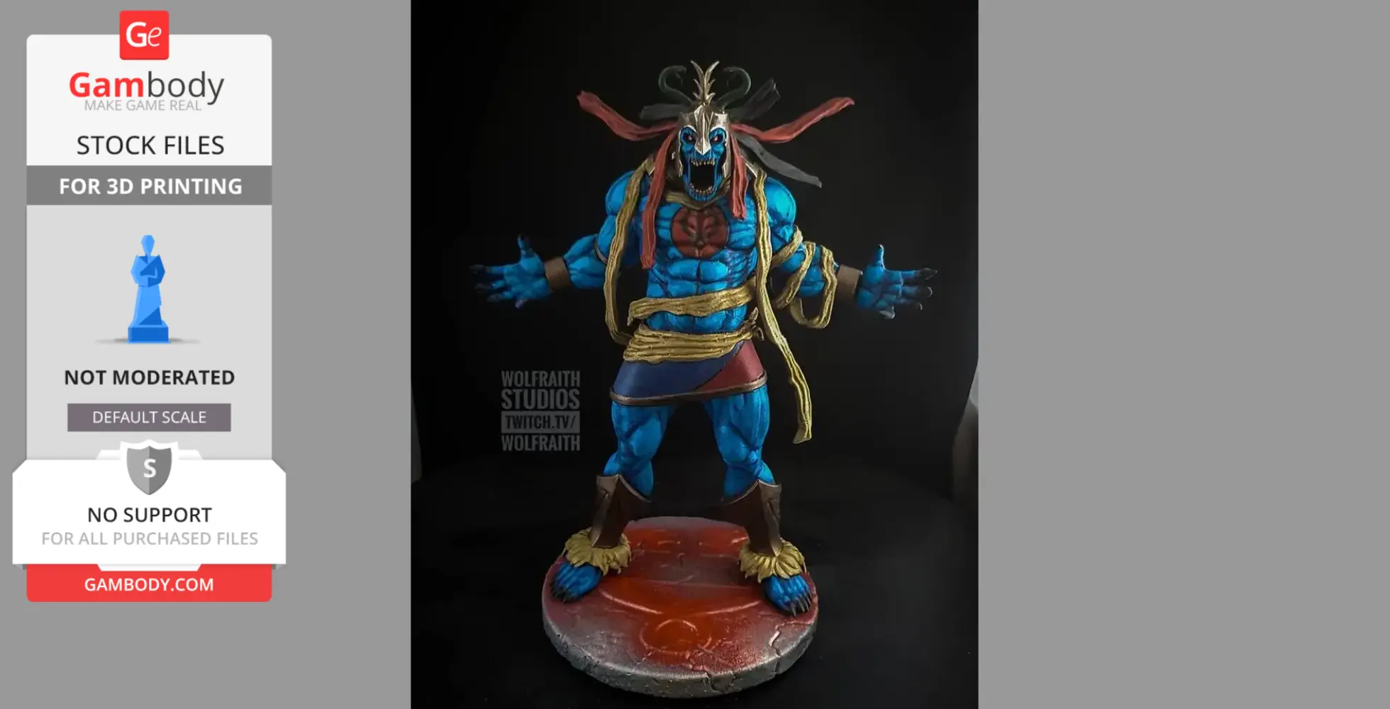 Blue-skinned figure with gold accessories and open arms on a circular base, inspired by ThunderCats.