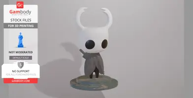 Cute Hollow Knight statuette with large eyes and distinctive horns on a circular base.