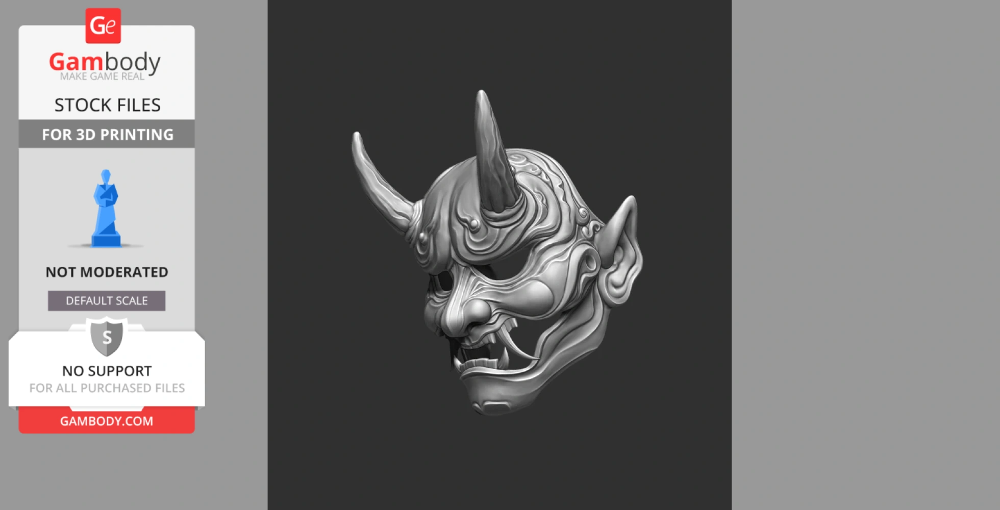 Intricately detailed Japanese devil mask with horns, stylized facial features, ready for 3D printing.