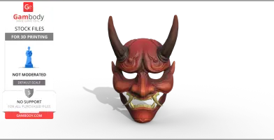 A detailed red devil mask with two large horns and a fierce expression designed for 3D printing.