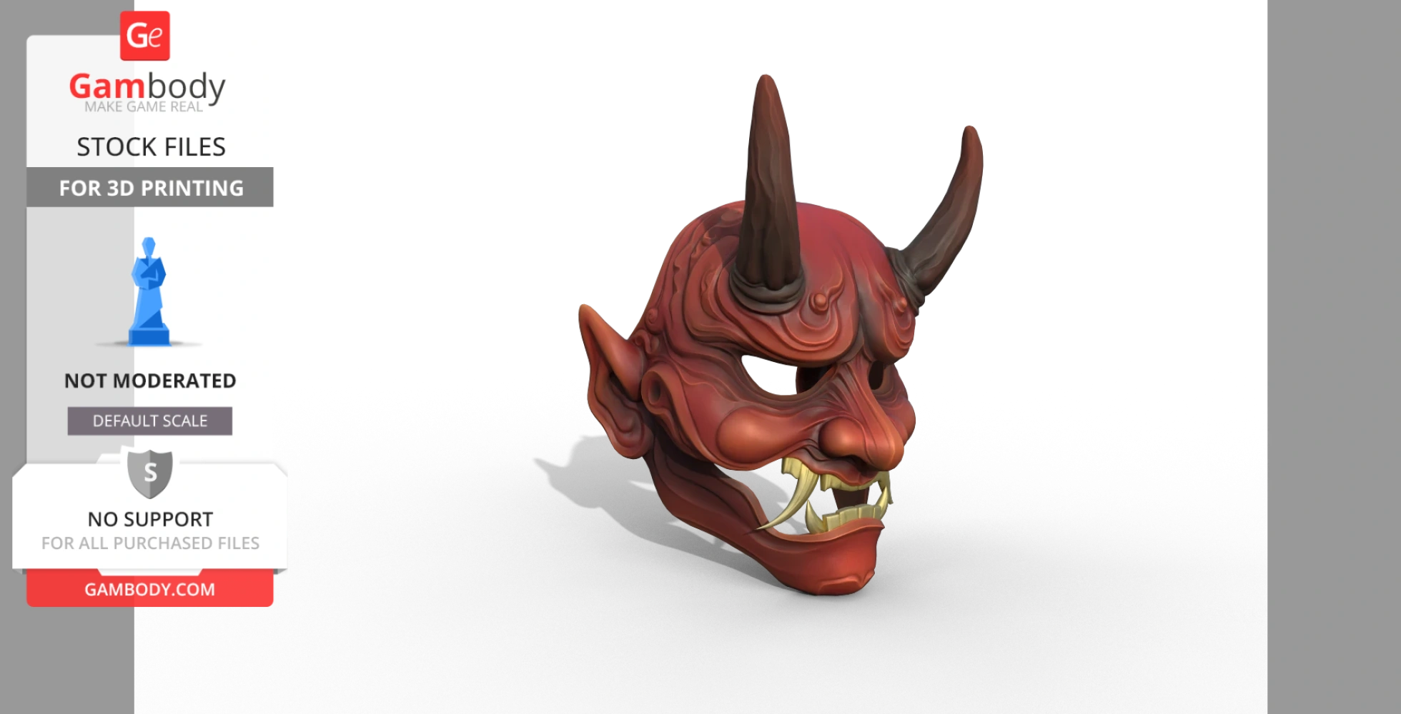 A detailed 3D model of a traditional Japanese devil mask with horns and sharp teeth.
