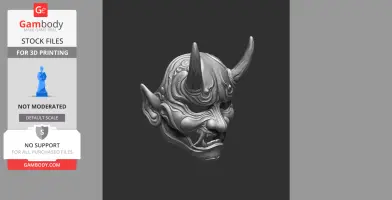 A detailed 3D model of a Japanese devil mask with horns and intricate facial features.