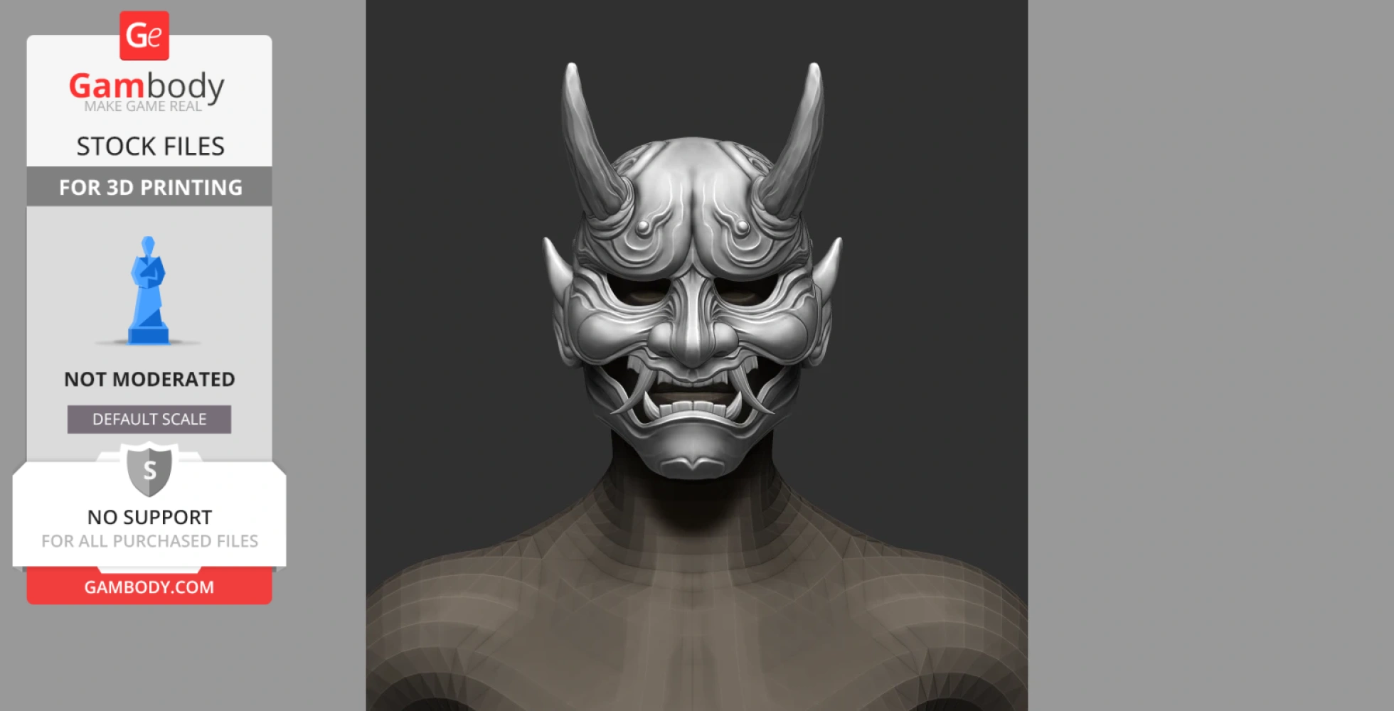 3D model of a detailed Japanese devil mask with horns and intricate facial features.
