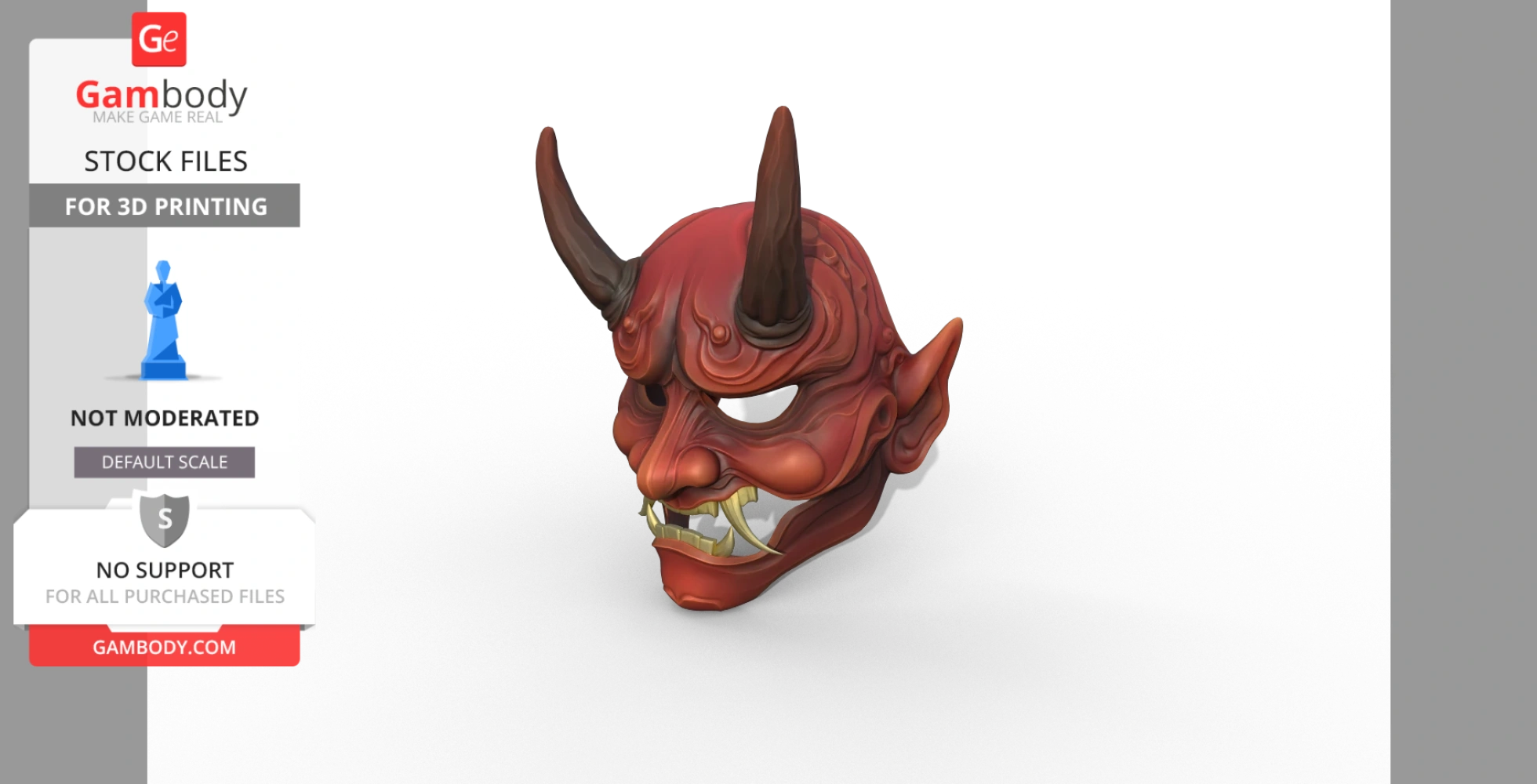 A 3D model of a red Japanese devil mask with horns and sharp fangs, designed for 3D printing.