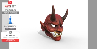 A detailed 3D model of a traditional Japanese devil mask with horns and sharp teeth.