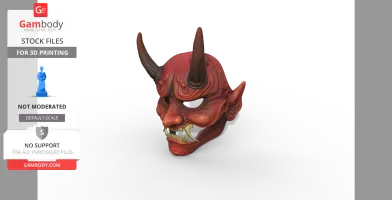 A 3D model of a red Japanese devil mask with horns and sharp fangs, designed for 3D printing.