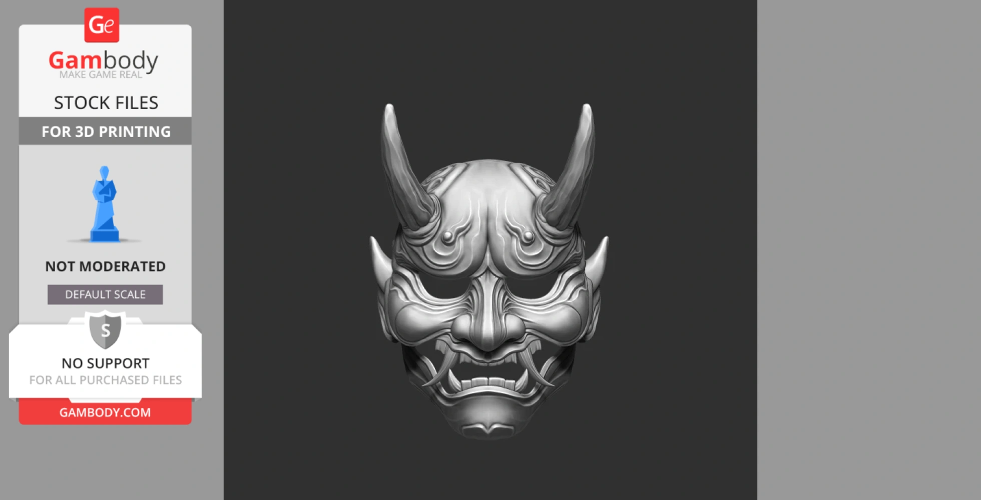 A 3D model of a Japanese devil mask with detailed horns and facial features for 3D printing.
