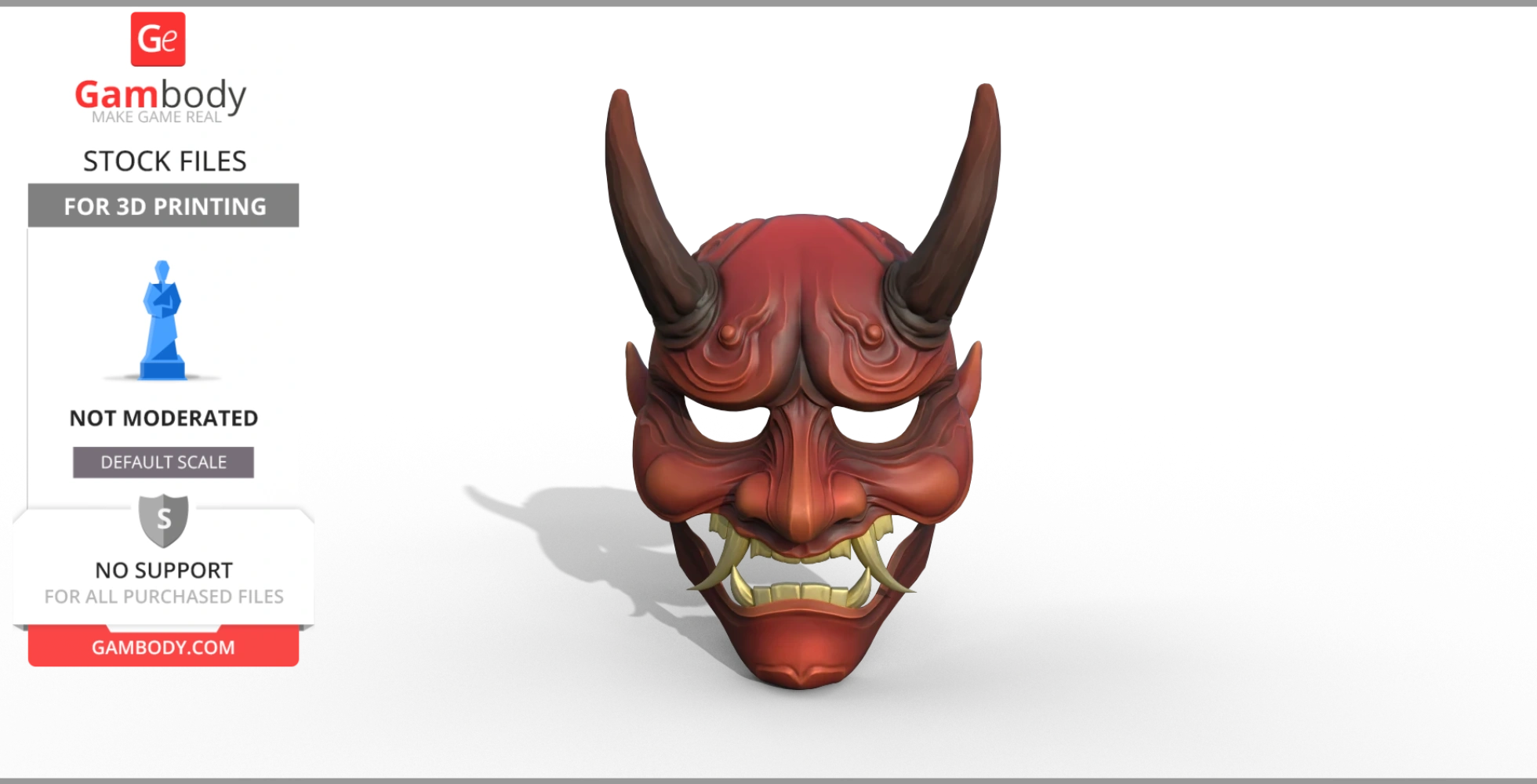 A detailed red devil mask with two large horns and a fierce expression designed for 3D printing.