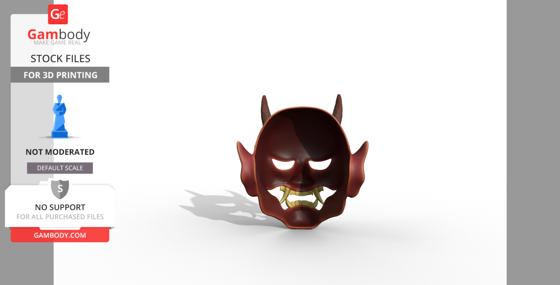 A 3D printable devil mask with sharp teeth, prominent horns, and a fierce expression.