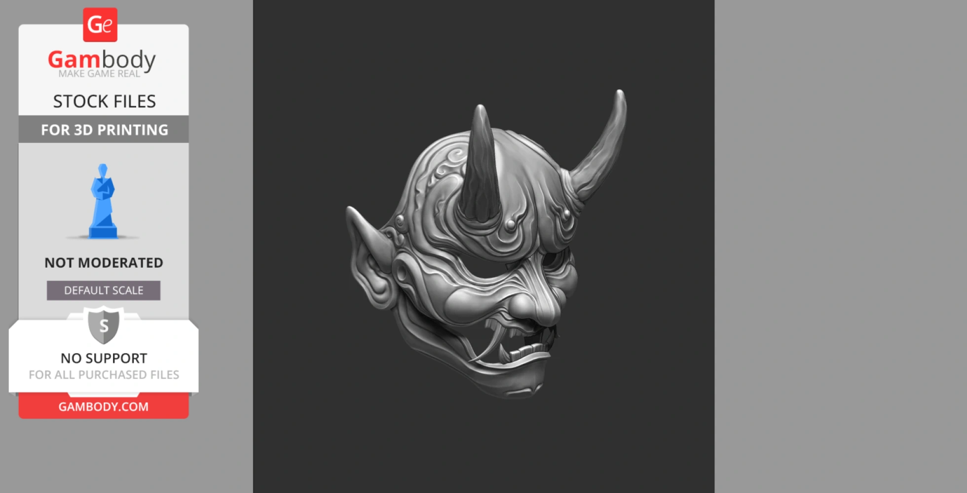 A detailed 3D model of a Japanese devil mask with horns and intricate facial features.