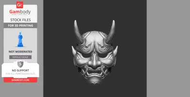 A 3D model of a Japanese devil mask with detailed horns and facial features for 3D printing.