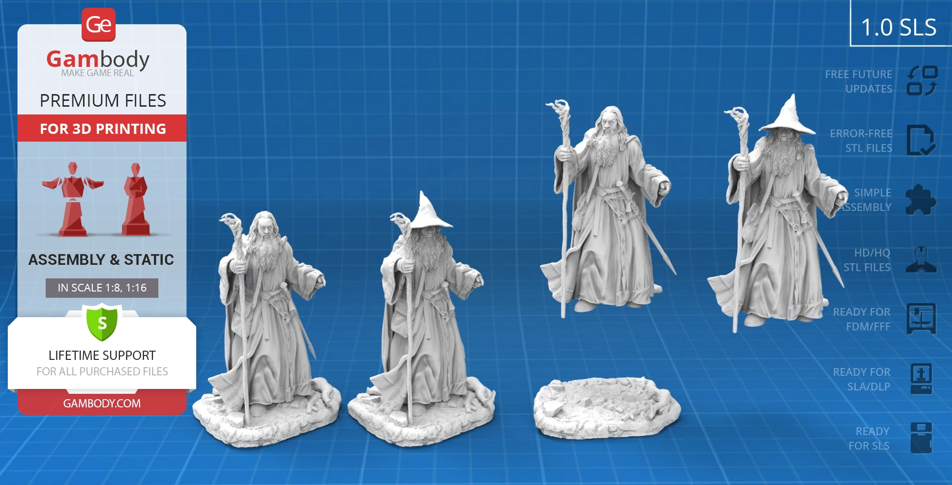 Four 3D-printed figures of a wizard with a staff and robe, displayed on a blue grid background.